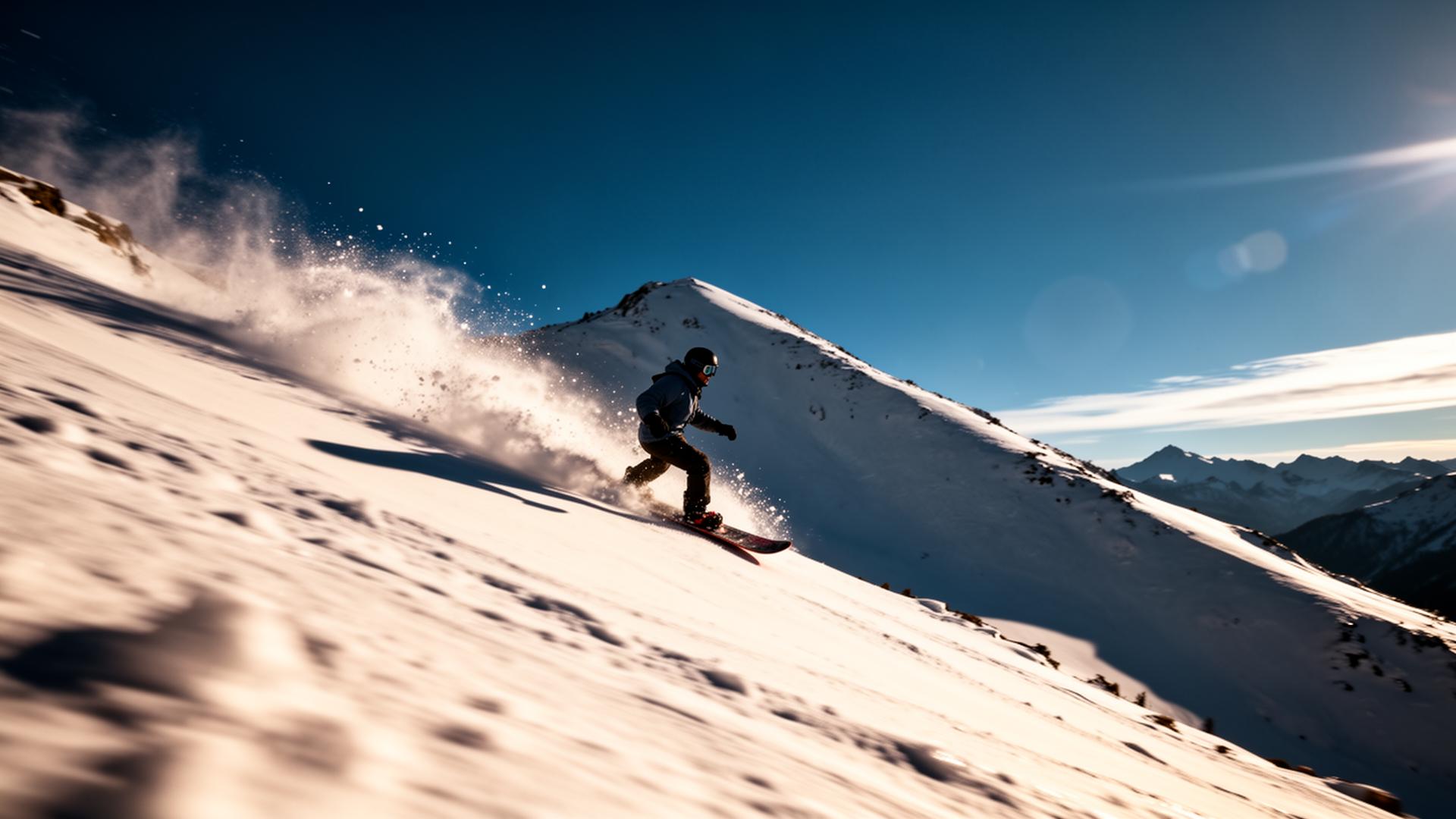 Snowboarder carving down a sunlit mountain — momentum and forward movement